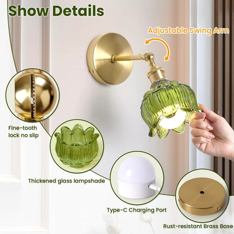 Rechargeable Battery Operated Wall Sconces Set Of 2 5000mAh Dimmable Wireless Lights With Remote Cordless Glass Flower Sconces detail view