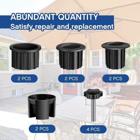 Patio Umbrella Base Ring Plug Set with Hole Bases in 1.25 in, 1.5 in, and 1.9 in, including M8 40 mm screws, for stands and chairs.