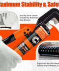 10 Ton Hydraulic Battery Cable Crimper With 9 Dies And Dual Blade Weir Cutter, tool shown with orange handle and anti-slip gloves