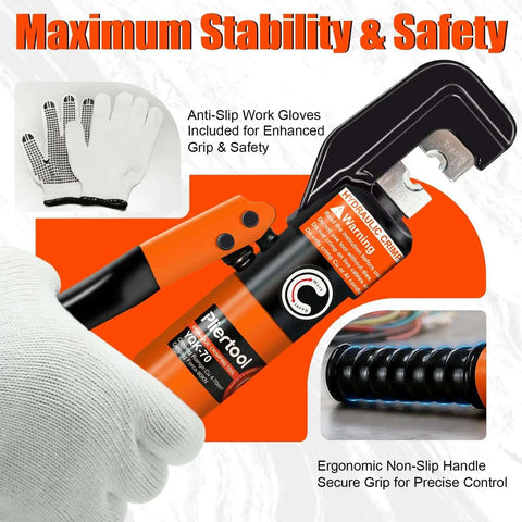 10 Ton Hydraulic Battery Cable Crimper With 9 Dies And Dual Blade Weir Cutter, tool shown with orange handle and anti-slip gloves