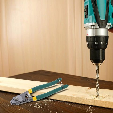 Heavy Duty Wire Stripping Pliers Multi Function Cable Crimping Tool Chrome Molybdenum Alloy Steel beside a drill on a wooden surface.