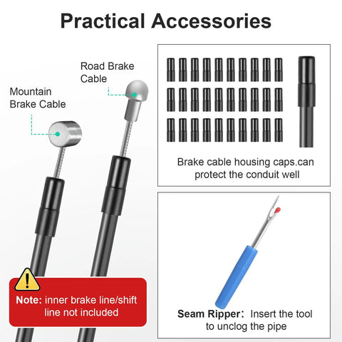 Brake Cable Housing 5mm By 50ft For Bicycle And Bike, includes end caps and seam ripper, shown with mountain and road cable ends.