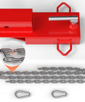 Heavy Duty Universal 2 Inch Forklift Trailer Hitch Adapter With Dead Simple Clamp On Grip For Lightning Fast Pallet Fork Ball Mount Rigging And Zero Fuss Job Site Setup, red steel with chains.