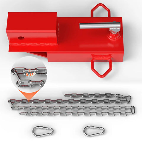 Heavy Duty Universal 2 Inch Forklift Trailer Hitch Adapter With Dead Simple Clamp On Grip For Lightning Fast Pallet Fork Ball Mount Rigging And Zero Fuss Job Site Setup, red steel with chains.