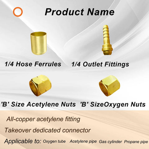 24-piece 1/4 in hose repair kit for oxygen/acetylene hoses with brass ferrules, outlet fittings, and nuts.