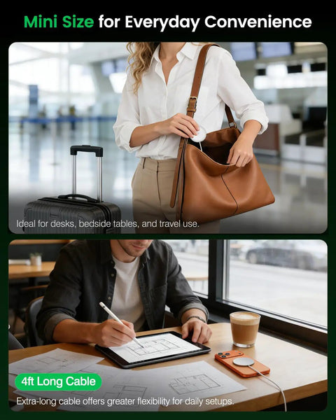 Person placing 2 Pack 25W Magnetic Wireless Charger Pad For iPhone 14 15 16 17 Pro Max MagSafe in bag at airport.