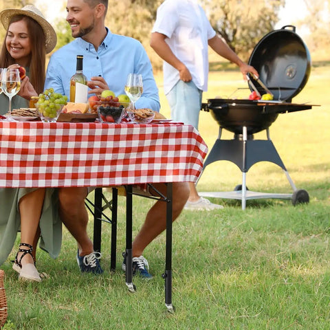 Outdoor picnic scene featuring a table with red checkered tablecloth, wine, and food beside a barbecue grill.