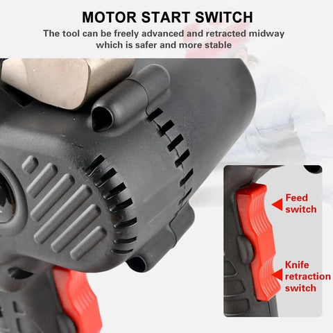 Close-up of motor start switch on Rechargeable Ratchet Cable Cutter For Copper And Aluminum Wires And Armored Cables Up To 95mm Electric Wire Cutting Tool