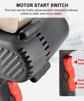 Close-up of Beast Mode Rechargeable Ratchet Cable Cutter motor start switch and feed and knife retraction controls.