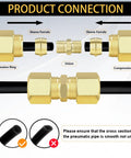 Front view: brass compression fittings kit with unions, ferrules and sleeves on black tubing for 1/8–1/2 in OD.