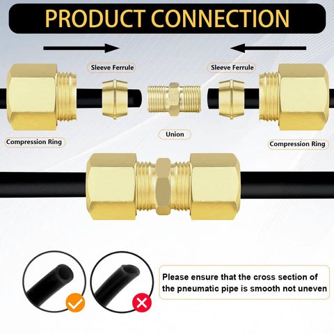 Front view: brass compression fittings kit with unions, ferrules and sleeves on black tubing for 1/8–1/2 in OD.