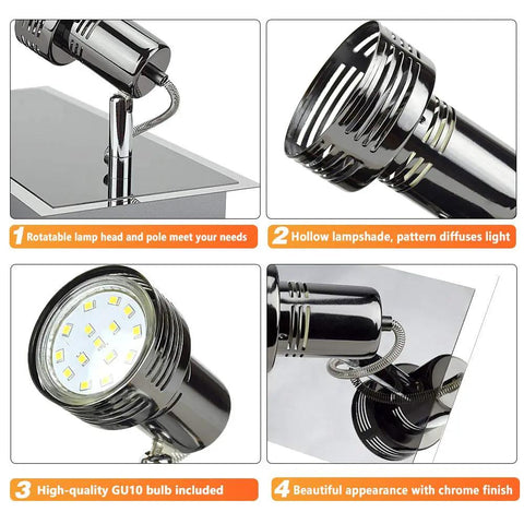 Close-up of Six Head LED Track Light Kit with rotatable heads, highlighting chrome finish and hollow lampshade details.