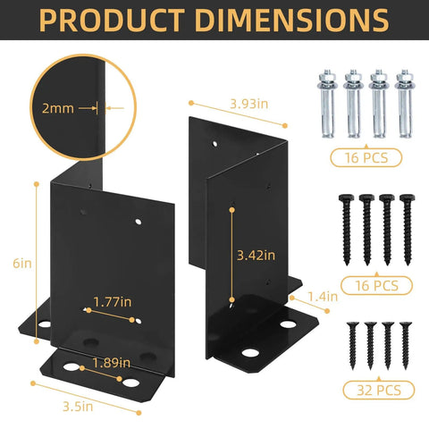 Four Pack Post Anchor Base Set Black Powder Coated Deck Post Brackets dimensions with screws, fits 4x4, 6x6, 8x8 posts.