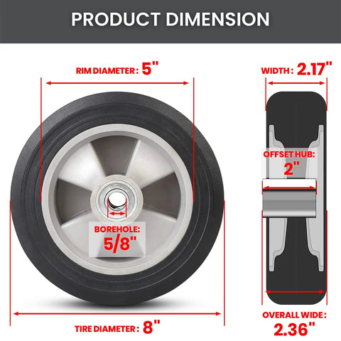 Solid Run Flat Replacement Tire 8 Inch By 2 Inch With Five Eighth Inch Axle And 2 Inch Offset Hub dimensions diagram