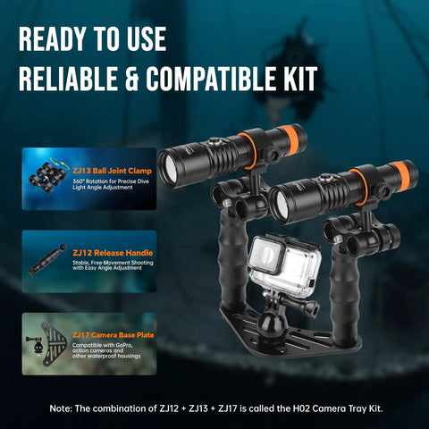 Underwater Video Light Kit With Dual 4600 Lumens 2x2300 Tri Color LEDs For GoPro And Action Cameras H02 Camera Tray ZJ12 ZJ13