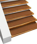 Set of 15 Skid-Resistant Carpet Stair Treads in Toffee Brown, 9x36 Inches on wooden stairs, non-slip backing visible