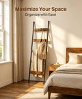 Killer 5-Tier Blanket Ladder With Heavy Duty Hooks, Wall-Leaning Towel Rack For Living Room And Bedroom, Rustic Industrial Decor Organizer For Scarves And Blankets with blankets and bag.