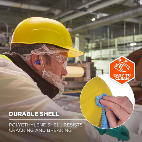 Worker wearing a yellow Hard Shell Bump Cap With Suspension For Work, Lightweight Head Protection With Durable Polyethylene Shell