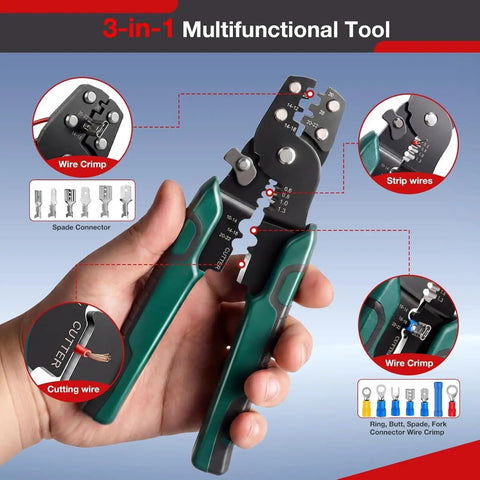 Huge 1150 Piece Wire Connectors Kit With Insulated Terminals And Crimper For Automotive Wiring Projects Featuring Red Blue Yellow Assorted Ring Spade Fork Butt Splice Quick Disconnects That Fit AWG 22 To 10 Like A Glove, 3-in-1 wire crimper