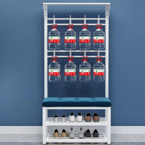 Four In One Entryway Coat Rack With Bench And Shoe Organizer, Two Tier Hallway Shoe Shelf For Boots And Shoes, Space Saving Multifunctional Storage Solution featuring 8 water jugs and shoes