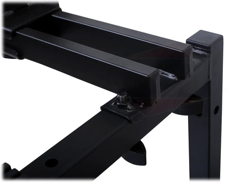 Close-up of Double Piano Keyboard Stand With Laptop Mount QuickFOLD Series 2 Tier, showing sturdy metal frame detail.