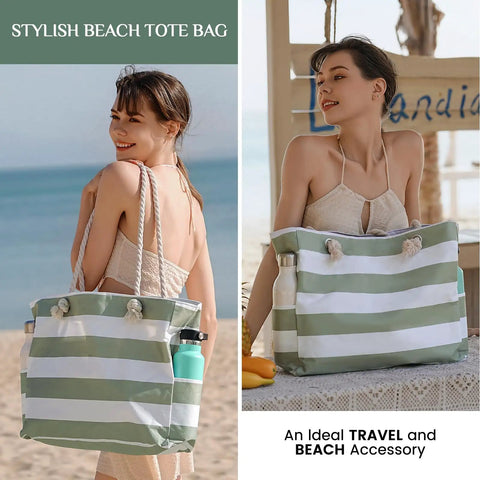 Big Beach Tote Bag For Women, Waterproof And Sandproof With Zipper, Huge Capacity Swim And Pool Tote, Foldable Lightweight Green, A Beach Day Must Have