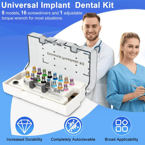 Universal Dental Implant Torque Wrench Kit With Pro Grade Adjustable Ratchet Screwdrivers 16 Pcs Fully Autoclavable 10 To 70 Ncm For Secure Implant Restorations And Easy Disassembly, open case with color-coded drivers