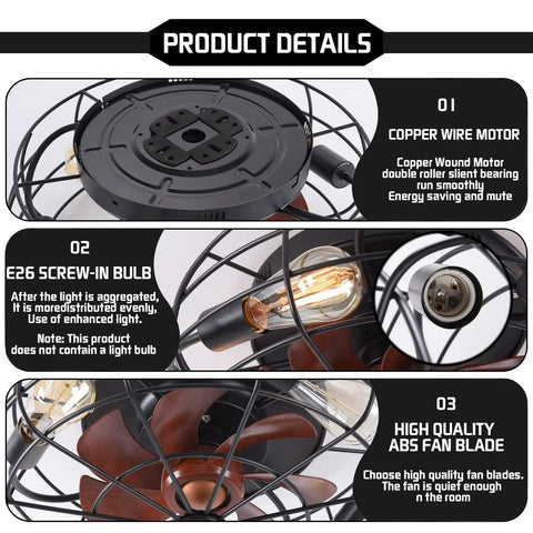 Copper wire motor and E26 screw-in bulb details of Space Saving 20 Inch Cage Ceiling Fan Light With Remote Control Low Profile Recessed Fixture Six Speed Wind Dope Industrial Matte Black Finish With Wood Grain Blades 4 E26 Bulb Base Perfect For Living Room Bedroom Dining Room