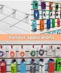 Heavy Duty 6 Inch Slatwall Hooks Set In Silver, 96 Pack For Retail Stores And Trade Shows displaying packaged items on hooks
