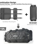 Alt Tag: All Weather Bicycle Handlebar Bag With Dual Sided Opening And Folded Closure, Waterproof Inner Pocket, EVA Vibration Dampening Cushions For Road And Mountain Bikes, Front Mount Fit, Durable, Easy Access in 12L size with mounting kit and waterproof inner bag shown.