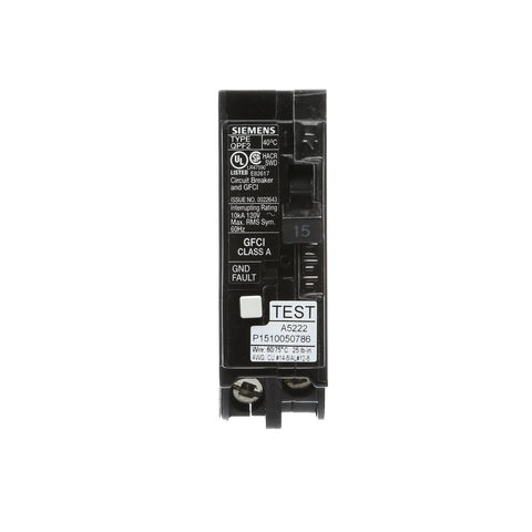 Front view of 15 Amp GFCI Ground Fault Circuit Interrupter, Single Pole 120V Breaker With 10,000 AIC, Self-Test UL 943