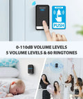 Wireless Doorbell With Pass Through Socket Dope IP66 Waterproof 1300 Ft Range Cordless Chime Unit 60 Ringtones Five Volume Levels 0 To 110 DB Ideal For Home Or Classroom displayed in different scenarios, including a sleeping child, a party, and a door installation.