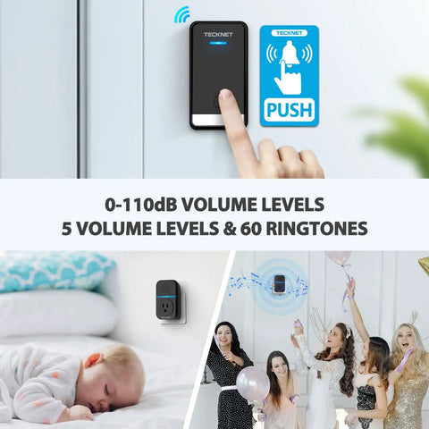 Wireless Doorbell With Pass Through Socket Dope IP66 Waterproof 1300 Ft Range Cordless Chime Unit 60 Ringtones Five Volume Levels 0 To 110 DB Ideal For Home Or Classroom displayed in different scenarios, including a sleeping child, a party, and a door installation.