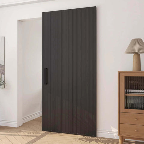 Concealed Sliding Barn Door With Soft Close Hardware Kit Black Hidden Door 40 by 86 inches in modern living room setting