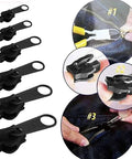Six Pack Universal Instant Fix Zipper Repair Kit With Easy Slider Replacement For Metal Plastic And Nylon Zippers No Sewing Required For Jackets Bags Backpacks And Craft Projects showing replacement sliders and installation steps