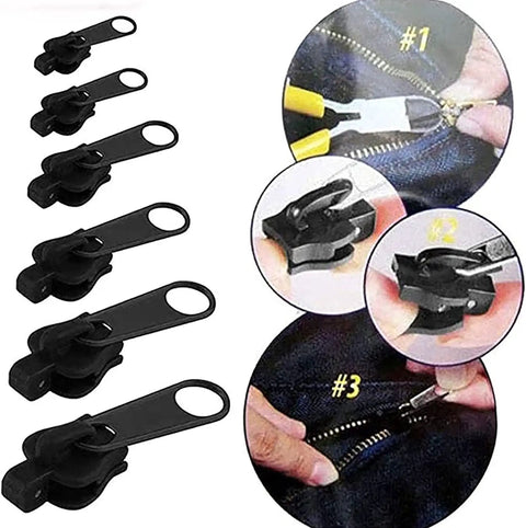 Six Pack Universal Instant Fix Zipper Repair Kit With Easy Slider Replacement For Metal Plastic And Nylon Zippers No Sewing Required For Jackets Bags Backpacks And Craft Projects showing replacement sliders and installation steps