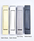 Matte Black Edge Pull Pocket Door Handles In Stainless Steel 304 With Flush Mount Design shown with color options brass, nickel, grey.