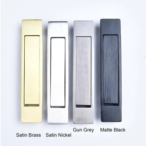 Matte Black Edge Pull Pocket Door Handles In Stainless Steel 304 With Flush Mount Design shown with color options brass, nickel, grey.