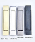 Heavy Duty Satin Nickel Pocket Door Handles Featuring Flush Edge Pull Design With Self Retracting Glide For No Sweat Indoor Outdoor Install Plus Tough As Nails 304 Stainless Steel Construction And Sleek Vibe in various finishes.