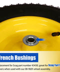Dual Spanner Bushings Replacement For Lawn Mower Front Wheel Assembly shown in yellow wheel with Scag 43430 fit.