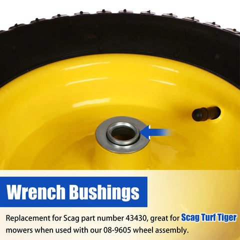 Dual Spanner Bushings Replacement For Lawn Mower Front Wheel Assembly shown in yellow wheel with Scag 43430 fit.