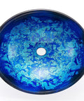 Overhead view of Star Blue Ocean Mystery Glass Vessel Sink For Above Counter Vanity, deep blue patterned tempered deco glass bowl.