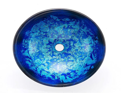 Overhead view of Star Blue Ocean Mystery Glass Vessel Sink For Above Counter Vanity, deep blue patterned tempered deco glass bowl.