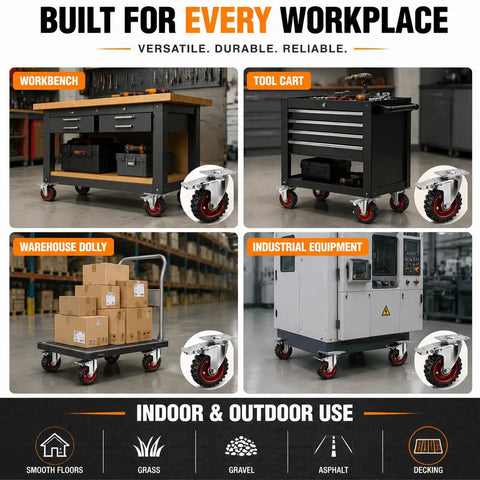 Tough As Nails Heavy Duty Caster Wheels With Dual Locking Brakes, Smooth Rolling Rubber Casters For Workbenches And Dollies, Built Like A Tank Steel Housing, 600 Lbs Load Per Wheel, 4 Pack Red on workbench, tool cart, warehouse dolly, industrial equipment.