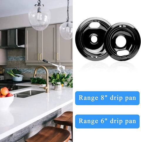 Porcelain drip pan set for electric range 6-inch and 8-inch black replacement fits Whirlpool 4-pack next to kitchen setting.