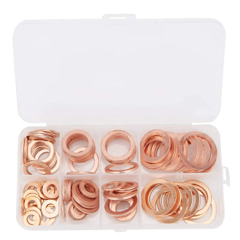 Premium 120 Pcs Red Copper Washers Assortment Kit For High Heat Exhaust And Hydraulic Joints With Multiple Sizes From 6mm To 20mm Plus Storage Box For Serious DIY Mechanics And Auto Shops Needing Reliable Gaskets Under Extreme Conditions. Copper washer assortment in storage box, multiple sizes 6mm to 20mm.