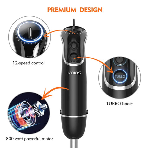 Slick Hands Down Game Changer 800 Watt Immersion Hand Blender control panel highlighting 12 speeds and turbo boost features.