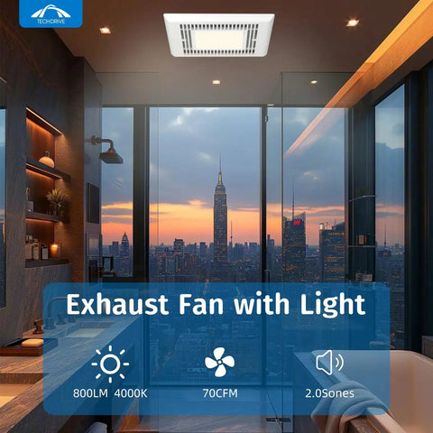 Ultra Quiet Bathroom Exhaust Fan 70 CFM 2.0 Sone With LED Light mounted on a modern bathroom ceiling