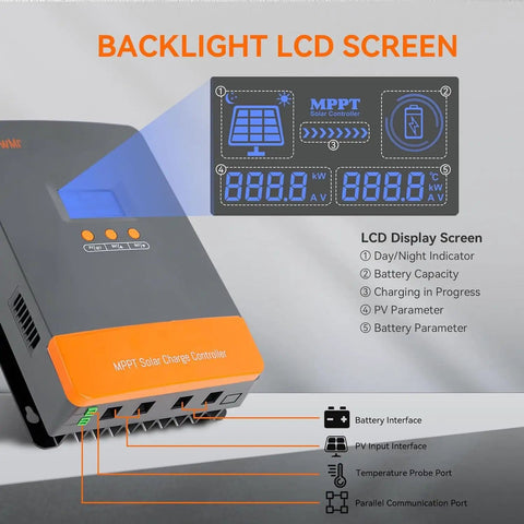 High Capacity 100 Amp MPPT Solar Charge Controller With LCD Display Auto 12 24 48V Supports Up To 12 Regulators In Parallel