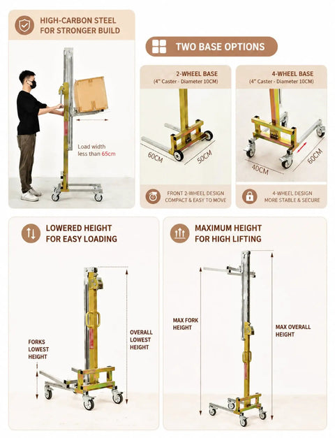 Handy Portable Mobile Lifting Stacker With Winch Tool For Cabinet Installation And Heavy Load Support Up To 176Lbs, showing height adjustment and stability features.